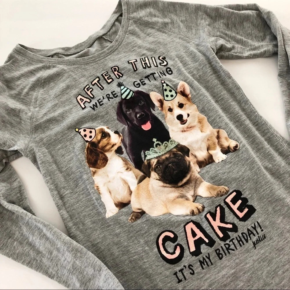 Justice Birthday Dogs Long Sleeve T‎ Shirt Top Gray
